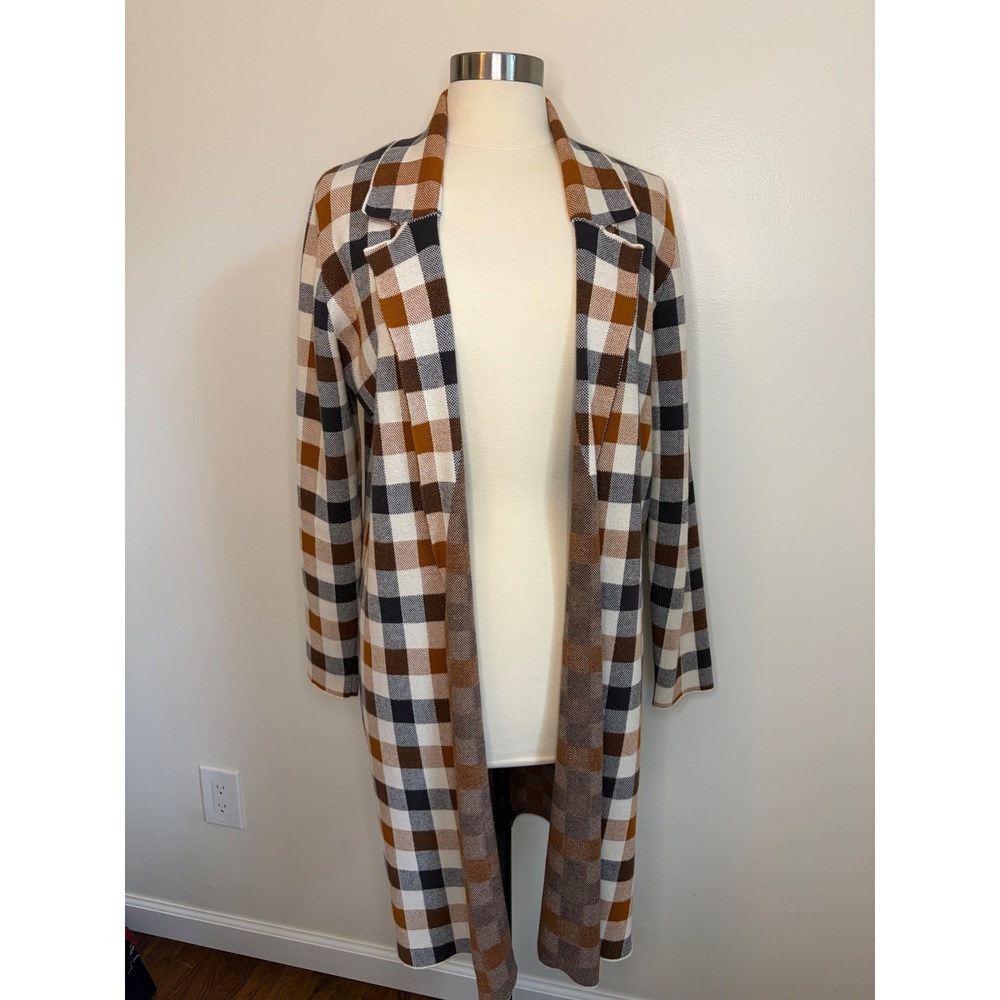 Plaid Duster Cardigan Sweater Longline Open Front Charcoal Brown Loft Outlet L